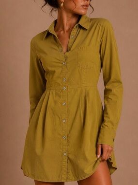 209 WST Mustard Shirt Dress Size 8 Button Front Collared Mini Dress